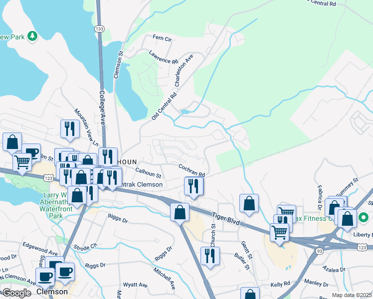 map of restaurants, bars, coffee shops, grocery stores, and more near 209 Cochran Road in Clemson