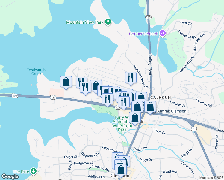 map of restaurants, bars, coffee shops, grocery stores, and more near 220 Elm Street in Clemson