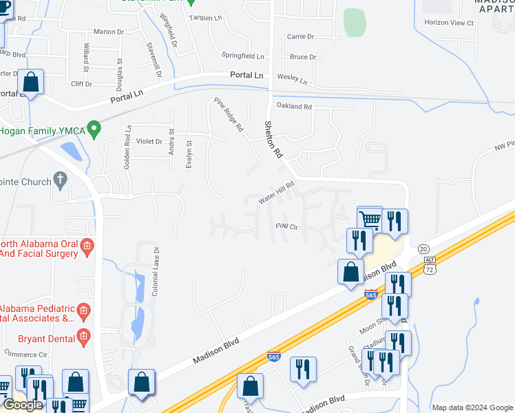 map of restaurants, bars, coffee shops, grocery stores, and more near Water Hill Road in Madison