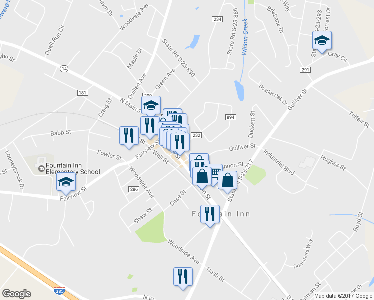 map of restaurants, bars, coffee shops, grocery stores, and more near 100 Weston Street in Fountain Inn