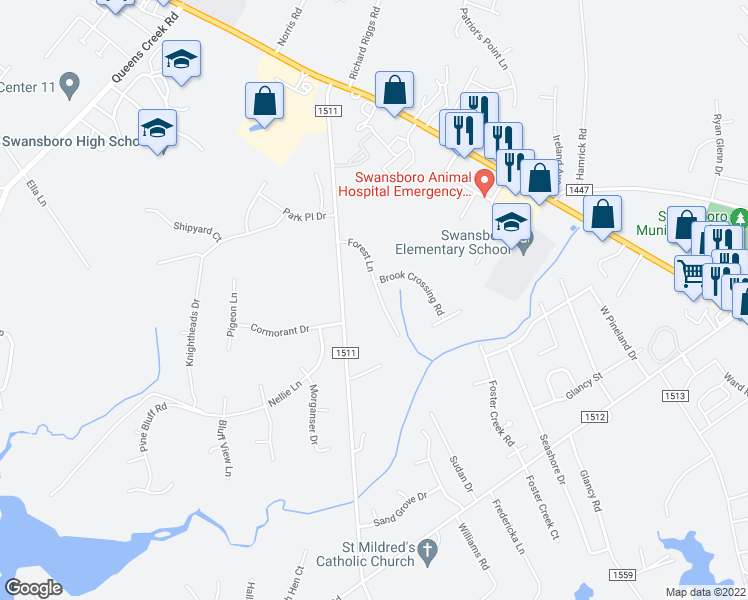 map of restaurants, bars, coffee shops, grocery stores, and more near 114 Forest Lane in Swansboro