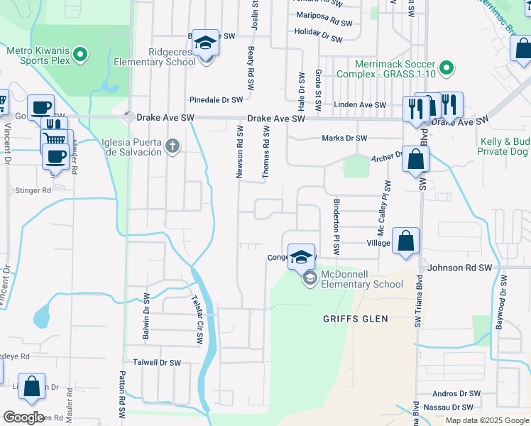 map of restaurants, bars, coffee shops, grocery stores, and more near 3706 S Westdale Ct SW in Huntsville