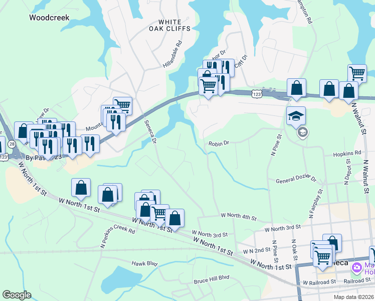 map of restaurants, bars, coffee shops, grocery stores, and more near 200 Winterberry Lane in Seneca