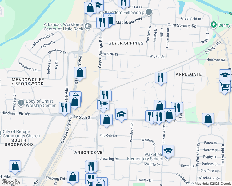 map of restaurants, bars, coffee shops, grocery stores, and more near 5800 Frozen Road in Little Rock