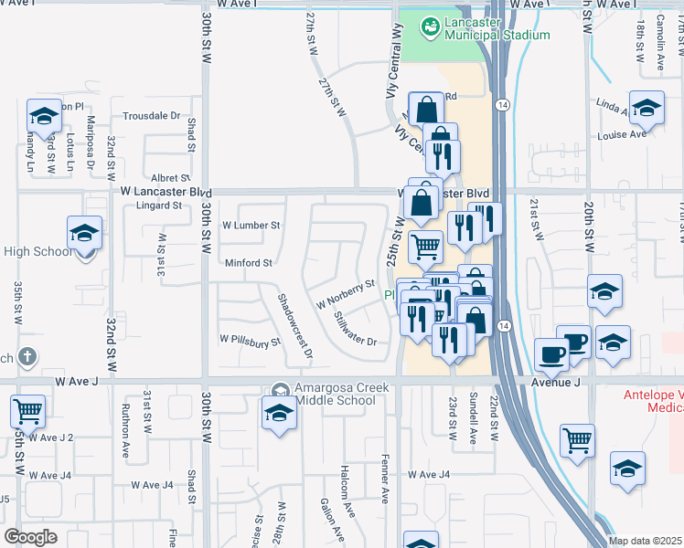 map of restaurants, bars, coffee shops, grocery stores, and more near 44614 Stillwater Drive in Lancaster