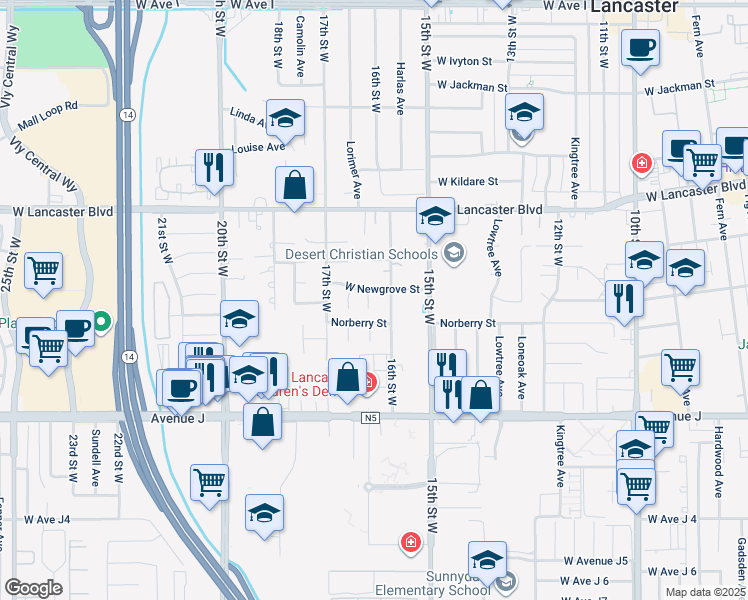 map of restaurants, bars, coffee shops, grocery stores, and more near 44616 Orchard Lane in Lancaster