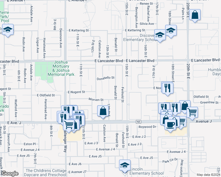 map of restaurants, bars, coffee shops, grocery stores, and more near 44626 13th Street East in Lancaster