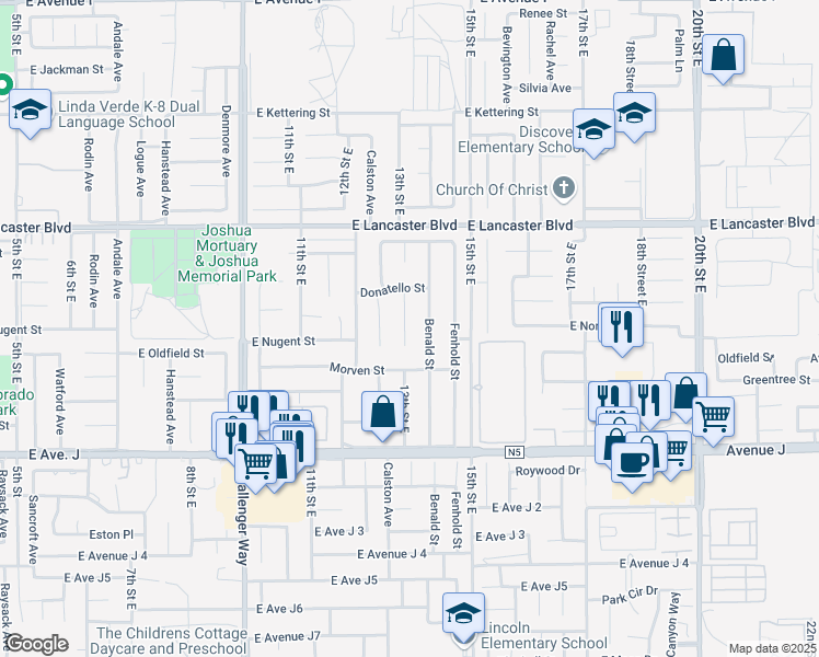 map of restaurants, bars, coffee shops, grocery stores, and more near 44626 13th Street East in Lancaster