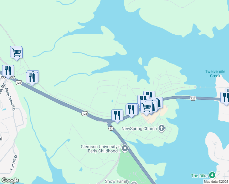 map of restaurants, bars, coffee shops, grocery stores, and more near 1511 Harts Ridge Drive in Seneca