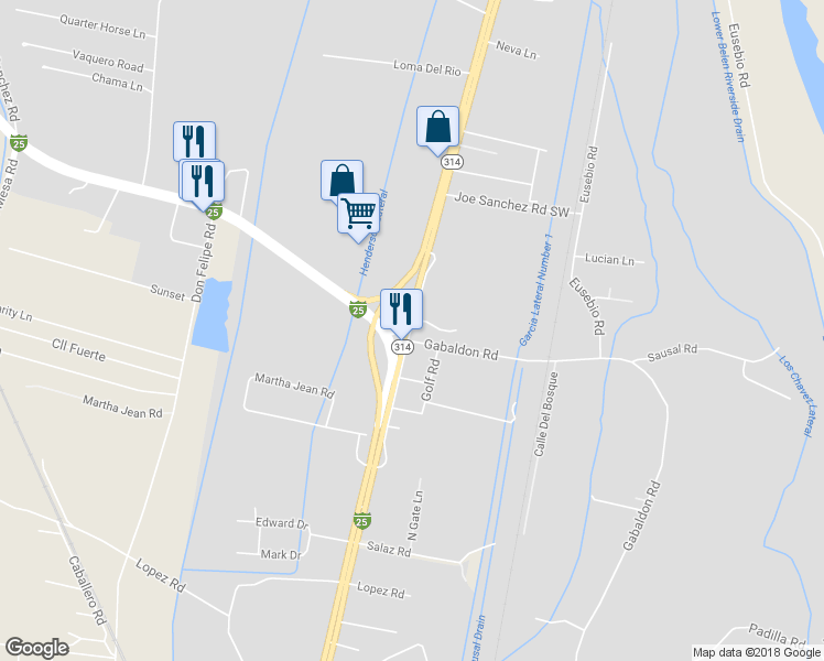 map of restaurants, bars, coffee shops, grocery stores, and more near 1402 Frontage Road in Belen