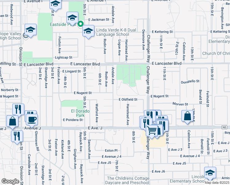 map of restaurants, bars, coffee shops, grocery stores, and more near 44574 Andale Avenue in Lancaster