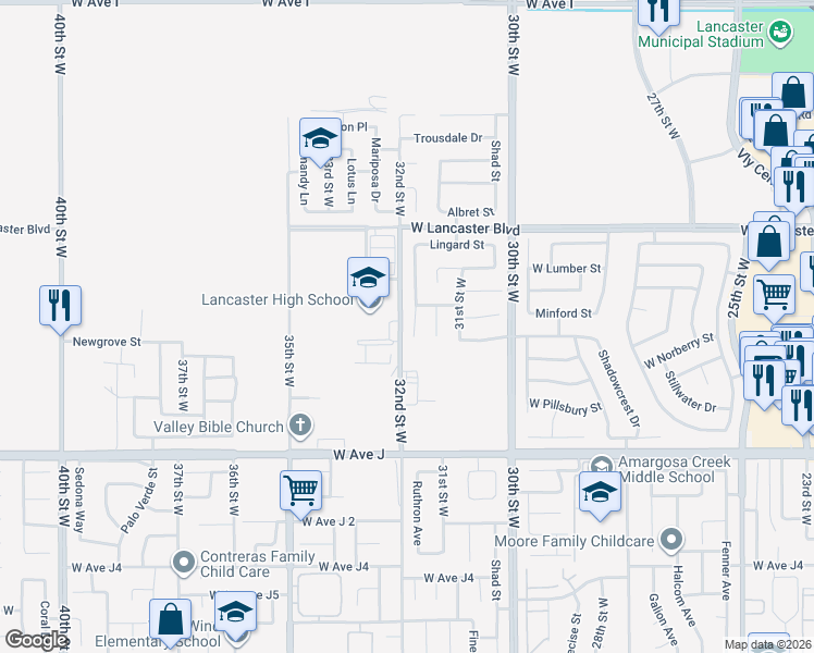 map of restaurants, bars, coffee shops, grocery stores, and more near 44621 Ruthron Avenue in Lancaster