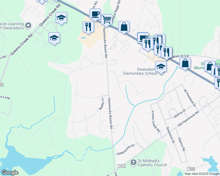 map of restaurants, bars, coffee shops, grocery stores, and more near 1213 Hammocks Beach Road in Swansboro