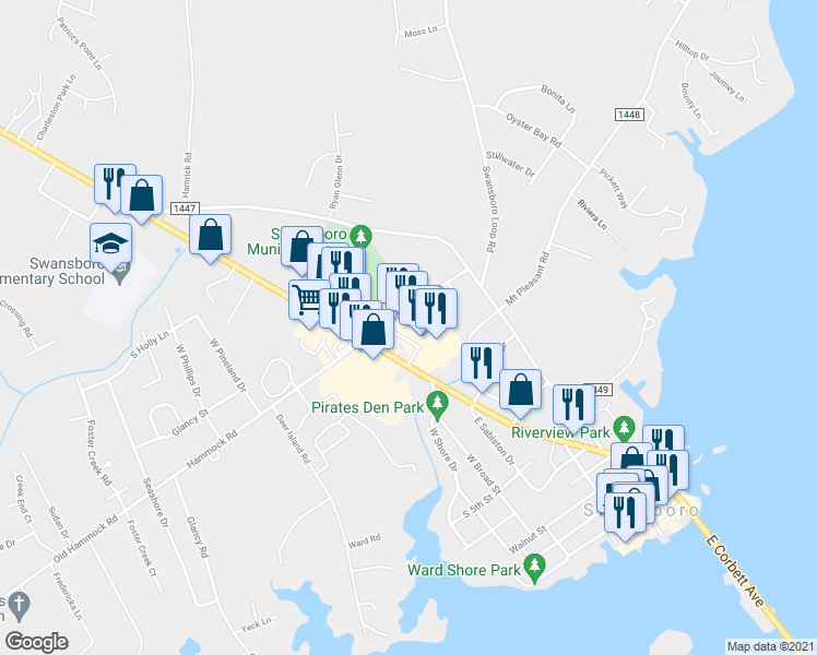 map of restaurants, bars, coffee shops, grocery stores, and more near 686 West Corbett Avenue in Swansboro
