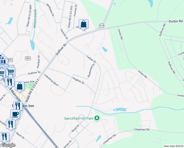 map of restaurants, bars, coffee shops, grocery stores, and more near 203 Redmond Drive in Fountain Inn