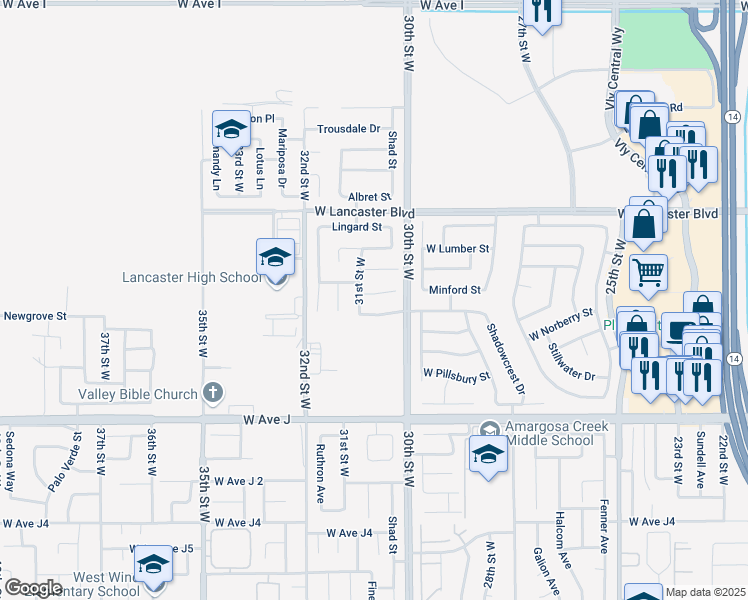 map of restaurants, bars, coffee shops, grocery stores, and more near 3032 Minford Street in Lancaster