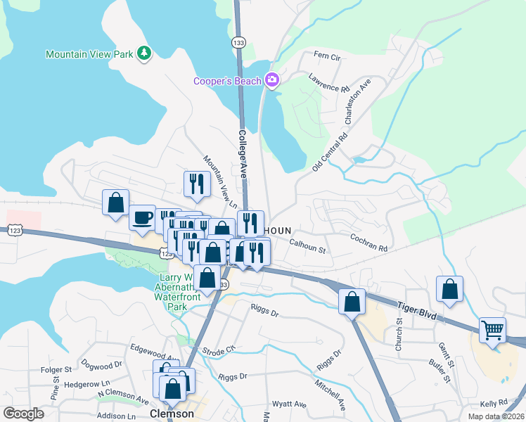 map of restaurants, bars, coffee shops, grocery stores, and more near 108 Clemson Street in Clemson
