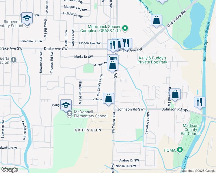 map of restaurants, bars, coffee shops, grocery stores, and more near in Huntsville