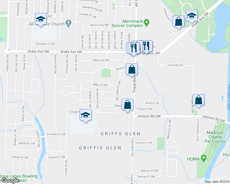 map of restaurants, bars, coffee shops, grocery stores, and more near 3313 Lockwood Court Southwest in Huntsville