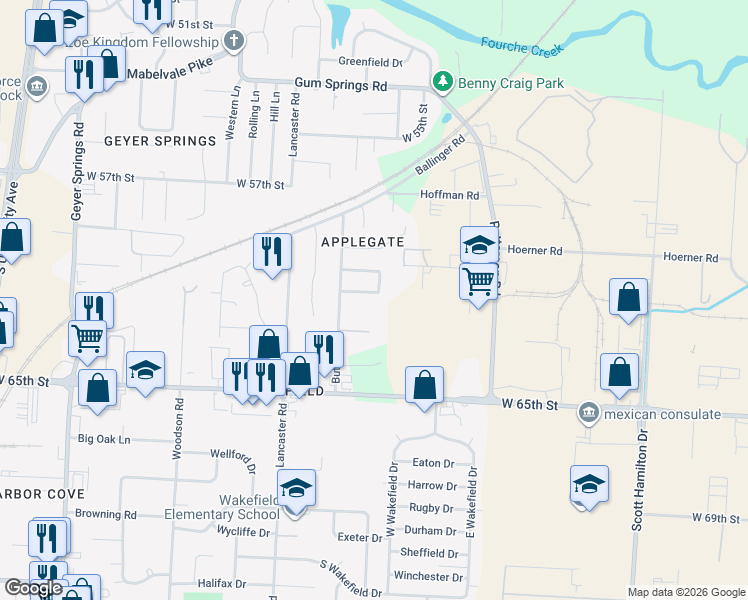 map of restaurants, bars, coffee shops, grocery stores, and more near 27 Allyson Circle in Little Rock