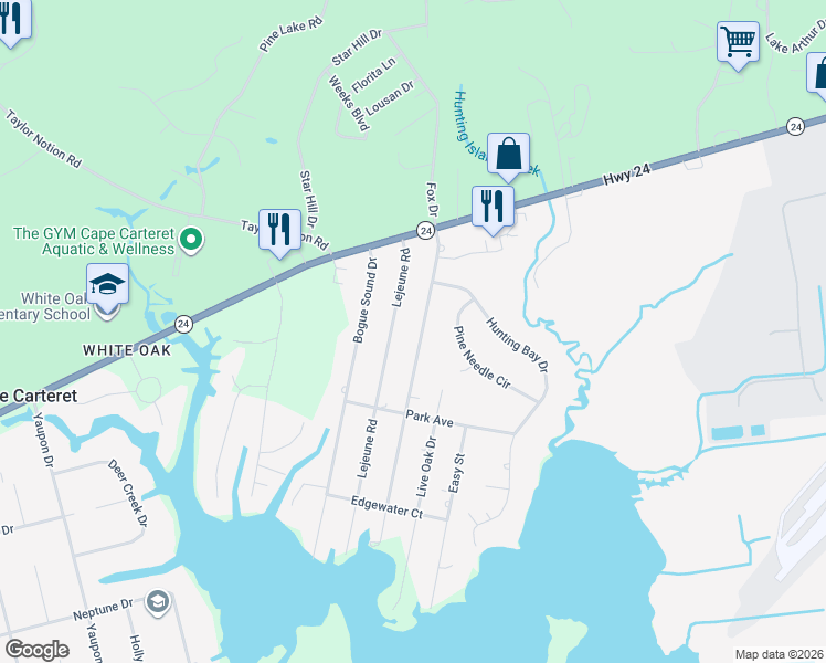 map of restaurants, bars, coffee shops, grocery stores, and more near 120 Bayshore Drive in Cape Carteret