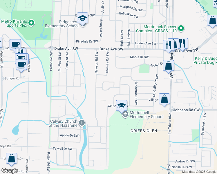 map of restaurants, bars, coffee shops, grocery stores, and more near 3704 South Westdale Court Southwest in Huntsville