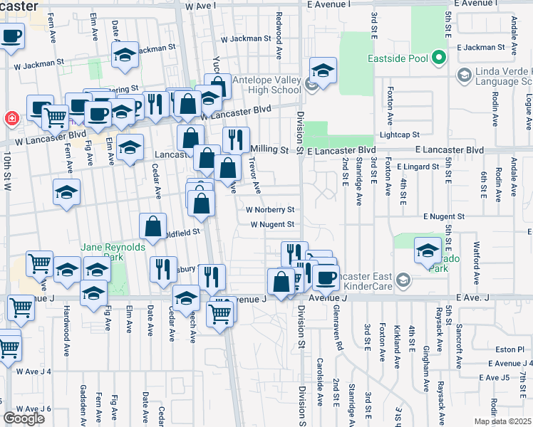 map of restaurants, bars, coffee shops, grocery stores, and more near 44618 Trevor Avenue in Lancaster
