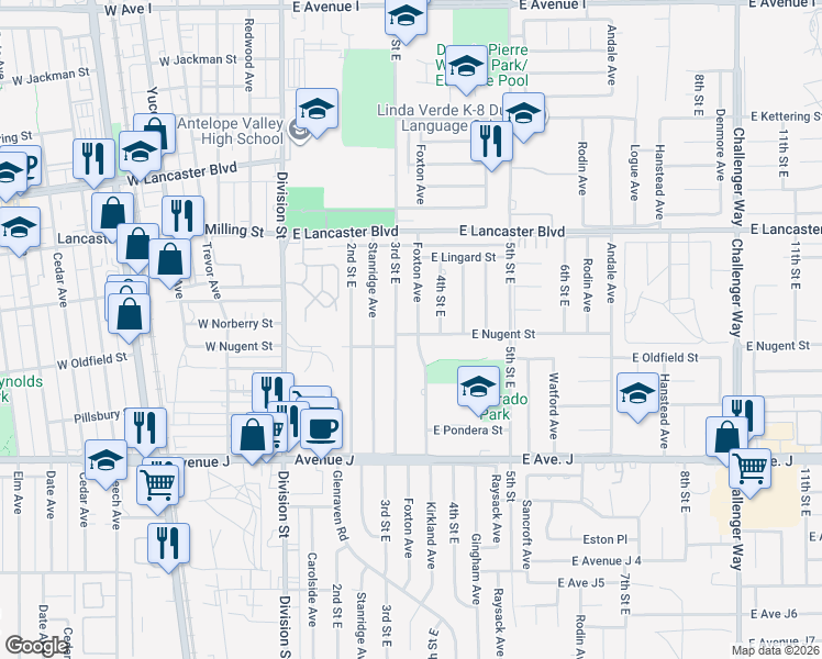 map of restaurants, bars, coffee shops, grocery stores, and more near 319 East Nugent Street in Lancaster