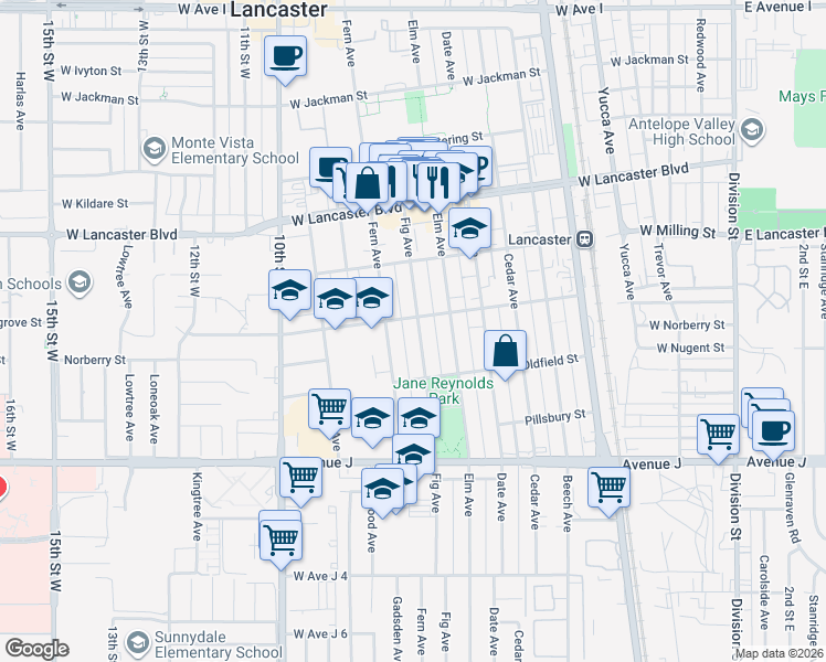 map of restaurants, bars, coffee shops, grocery stores, and more near 44655 Fig Avenue in Lancaster