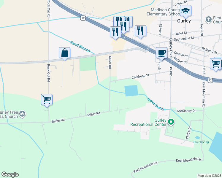 map of restaurants, bars, coffee shops, grocery stores, and more near 221 Miller Road in Gurley