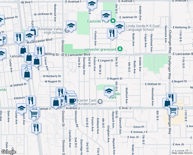 map of restaurants, bars, coffee shops, grocery stores, and more near 331 East Nugent Street in Lancaster