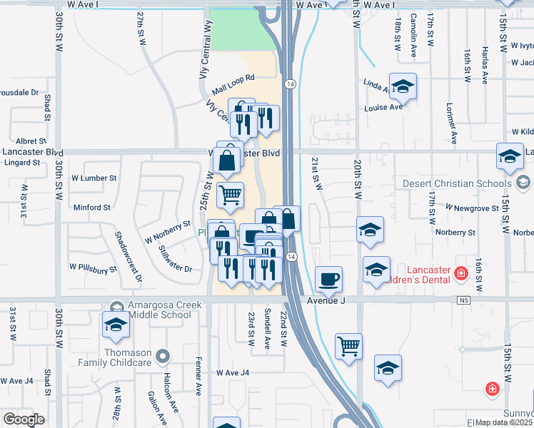 map of restaurants, bars, coffee shops, grocery stores, and more near 44620 Valley Central Way in Lancaster