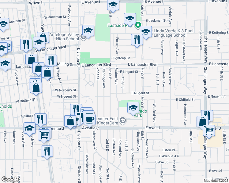 map of restaurants, bars, coffee shops, grocery stores, and more near 331 East Nugent Street in Lancaster
