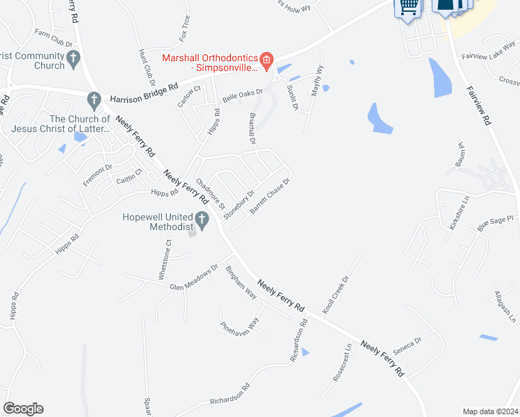map of restaurants, bars, coffee shops, grocery stores, and more near 312 Barrett Chase Drive in Simpsonville