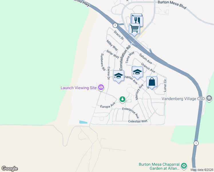 map of restaurants, bars, coffee shops, grocery stores, and more near 654 Carina Drive in Lompoc