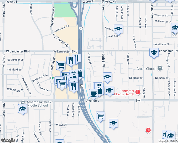 map of restaurants, bars, coffee shops, grocery stores, and more near 2114 El Domingo Circle in Lancaster