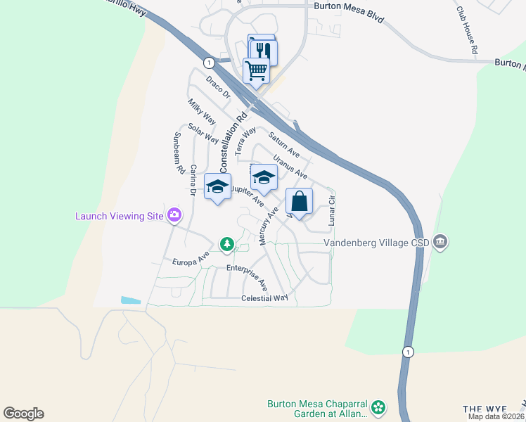 map of restaurants, bars, coffee shops, grocery stores, and more near 3834 Jupiter Avenue in Lompoc