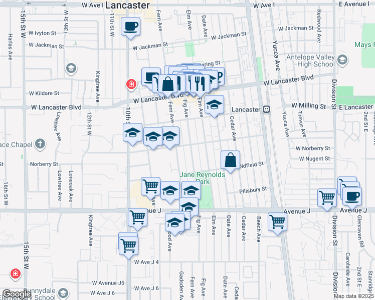 map of restaurants, bars, coffee shops, grocery stores, and more near 44649 Fig Avenue in Lancaster