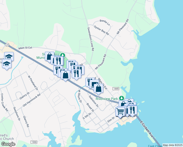 map of restaurants, bars, coffee shops, grocery stores, and more near 98 McCain Lane in Swansboro