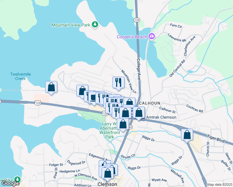 map of restaurants, bars, coffee shops, grocery stores, and more near 105 College Street in Clemson