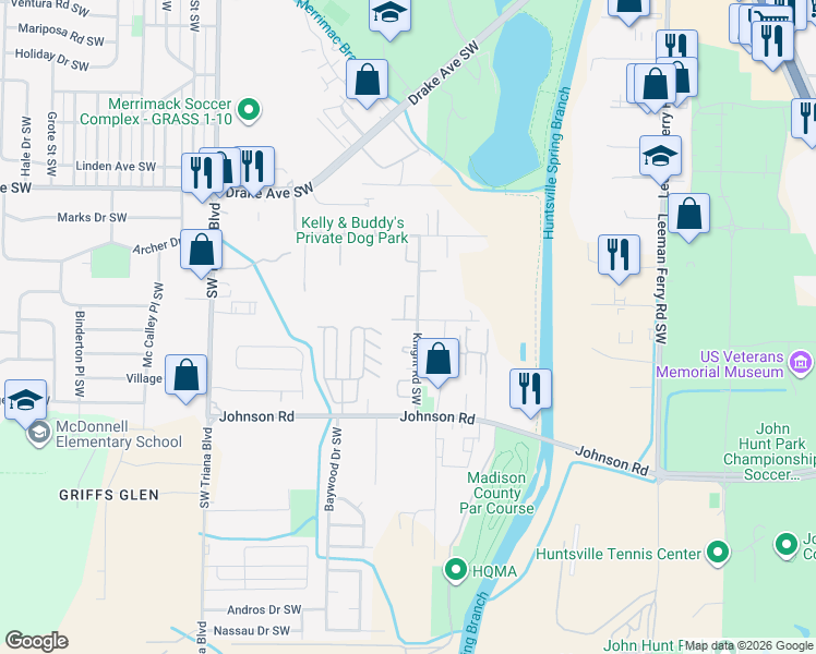 map of restaurants, bars, coffee shops, grocery stores, and more near 2905 Elmore Road Southwest in Huntsville