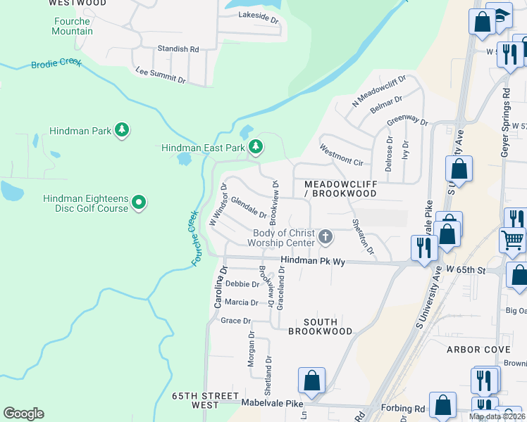 map of restaurants, bars, coffee shops, grocery stores, and more near 11 Glendale Drive in Little Rock