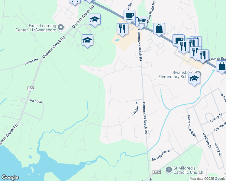 map of restaurants, bars, coffee shops, grocery stores, and more near 206 Pigeon Lane in Swansboro