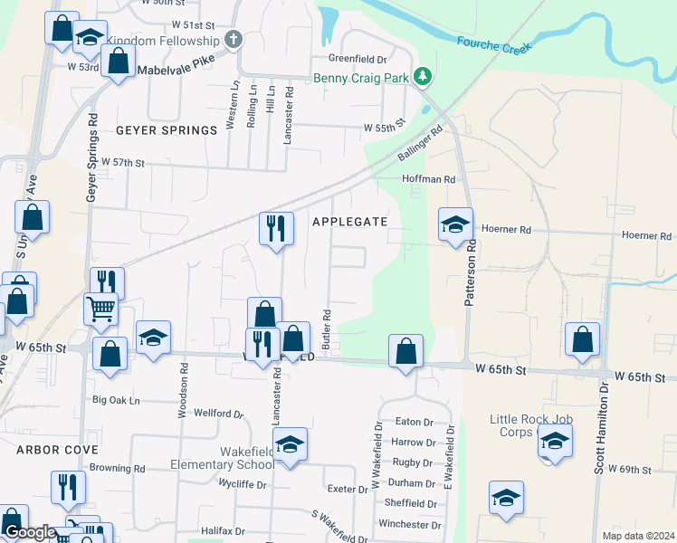 map of restaurants, bars, coffee shops, grocery stores, and more near 41 Allyson Circle in Little Rock