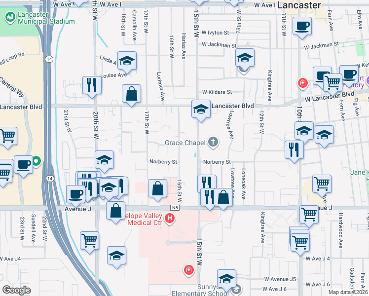 map of restaurants, bars, coffee shops, grocery stores, and more near 1532 West Newgrove Street in Lancaster