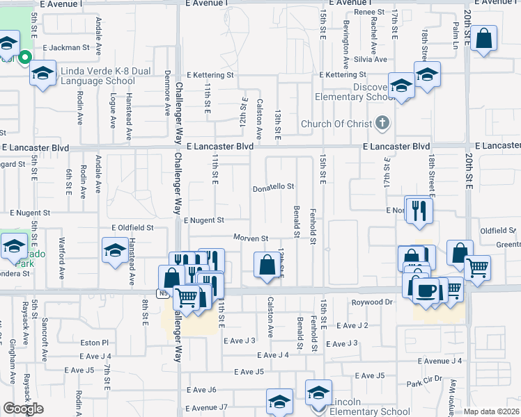 map of restaurants, bars, coffee shops, grocery stores, and more near 44624 Calston Avenue in Lancaster