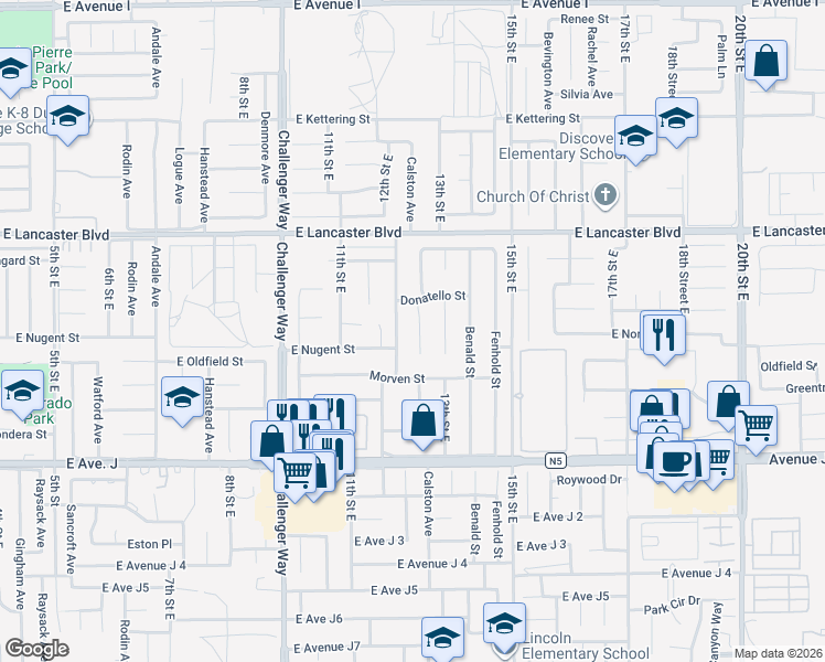 map of restaurants, bars, coffee shops, grocery stores, and more near 44633 Calston Avenue in Lancaster