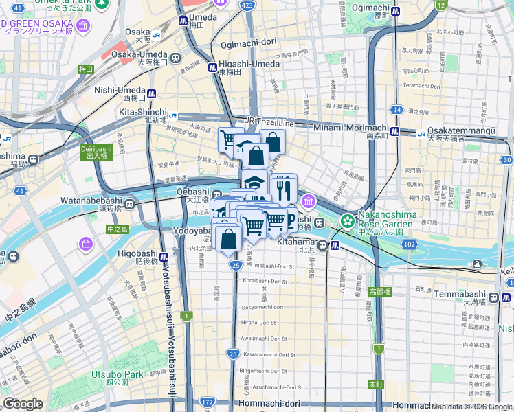 map of restaurants, bars, coffee shops, grocery stores, and more near in Osaka
