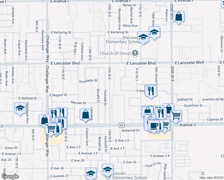 map of restaurants, bars, coffee shops, grocery stores, and more near 44615 Foxboro Court in Lancaster