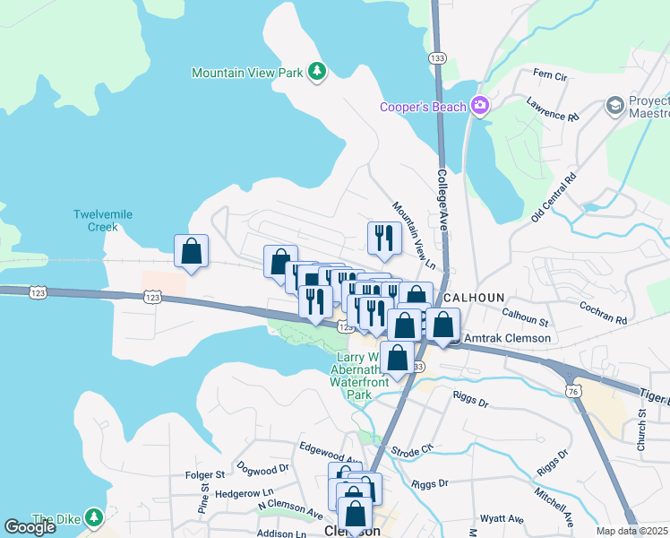 map of restaurants, bars, coffee shops, grocery stores, and more near 220 Elm Street in Clemson